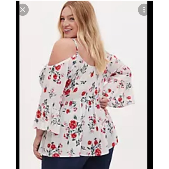 torrid Tops - Torrid Ivory Floral Gauze Button Cold Shoulder Bell Sleeve Top